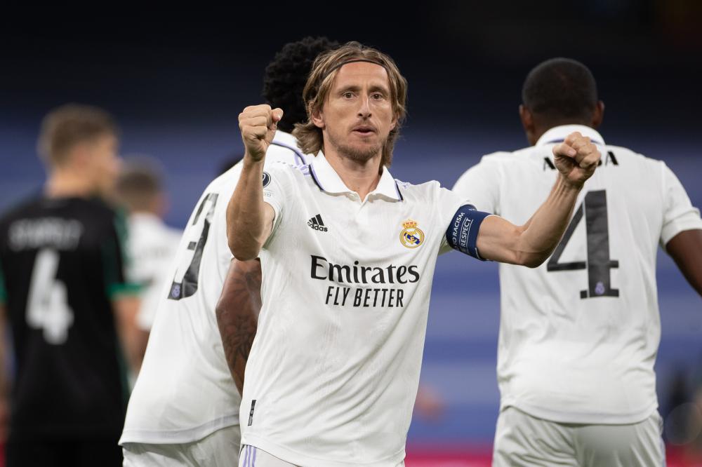 Madrid, Champions League 2022-2023, Real Madrid CF-Celtic Glasgow, giocata allo stadio Santiago Bernabeu. Nella foto: Luka Modric festeggia il suo gol