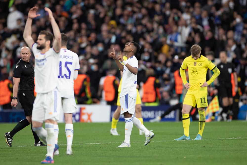 Madrid, Champions League 21/22, Real Madrid CF-Chelsea FC, giocata allo stadio Santiago Bernabeu, nella foto: Rodrygo Goes celebra su gol