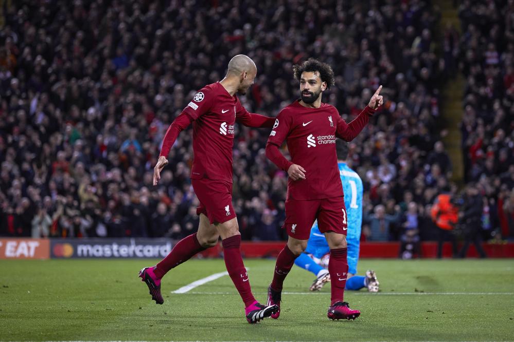 Liverpool, Champions League 2022-2023, Liverpool FC-Real Madrid CF, giocata ad Anfield. Nella foto: Mohamed Salah e Fabinho