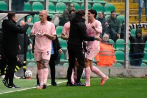 Palermo, Italy, 14 February 2026. Renzo Barbera Stadium, Palermo vs Virtus Entella, match valid for the 2025/2026 Serie B championship. In the photo: Celebration after goal by Filippo Ranocchia (Palermo FC)
