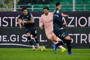 Palermo, Italy, 12 December 2025. Renzo Barbera Stadium, Palermo vs Sampdoria, match valid for the 2025/2026 Serie B championship. In the photo: Aljosa Vasic (Palermo FC) and Matteo Ricci (Sampdoria)