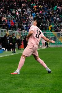 Palermo, Italy, 14 February 2026. Renzo Barbera Stadium, Palermo vs Virtus Entella, match valid for the 2025/2026 Serie B championship. In the photo: Niccolo' Pierozzi (Palermo FC) celebrating after the goal