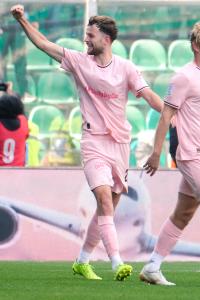 Palermo, Italy, 21 February 2026. Renzo Barbera Stadium, Palermo FC vs FC Sudtirol, match valid for the 2025/2026 Serie B championship. In the photo: Jeremy Le Douaron (Palermo FC) celebrates after his goal