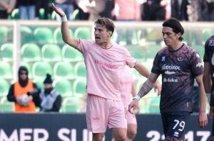 Palermo, Italy, 21 February 2026. Renzo Barbera Stadium, Palermo FC vs FC Sudtirol, match valid for the 2025/2026 Serie B championship. In the photo: Jacopo Segre (Palermo FC) celebrates after a goal