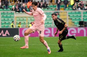 Palermo, Italy, 14 February 2026. Renzo Barbera Stadium, Palermo vs Virtus Entella, match valid for the 2025/2026 Serie B championship. In the photo: Filippo Ranocchia (Palermo FC) and Luigi Cuppone (Virtus Entella)