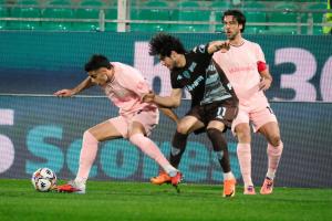 Palermo, Italia, 7 febbraio 2026. Stadio Renzo Barbera, Palermo vs Empoli, match valido per il campionato di Serie B 2025/2026. Nella foto: Stiven Shpendi (Empoli FC) e Niccolo’ Pierozzi (Palermo FC)