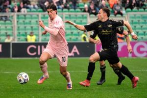 Palermo, Italy, 14 February 2026. Renzo Barbera Stadium, Palermo vs Virtus Entella, match valid for the 2025/2026 Serie B championship. In the photo: Filippo Ranocchia (Palermo FC) and Luigi Cuppone (Virtus Entella)