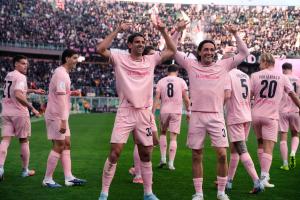 Palermo, Italy, 21 February 2026. Renzo Barbera Stadium, Palermo FC vs FC Sudtirol, match valid for the 2025/2026 Serie B championship. In the photo: Celebration Pietro Ceccaroni (Palermo FC) and Tommaso Augello (Palermo FC)