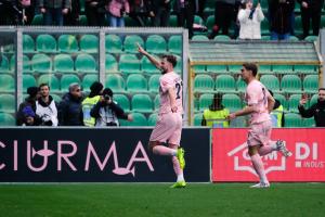 Palermo, Italy, 21 February 2026. Renzo Barbera Stadium, Palermo FC vs FC Sudtirol, match valid for the 2025/2026 Serie B championship. In the photo: Jeremy Le Douaron (Palermo FC) celebrates after his goal