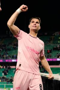 Palermo, Italy, 18 January 2026. Renzo Barbera Stadium, Palermo vs Spezia, match valid for the 2025/2026 Serie B championship. In the photo: Jacopo Segre (Palermo FC) celebrates after the victory