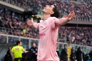 Palermo, Italy, 21 February 2026. Renzo Barbera Stadium, Palermo FC vs FC Sudtirol, match valid for the 2025/2026 Serie B championship. In the photo: Filippo Ranocchia (Palermo FC) celebrates but the goal is subsequently disallowed