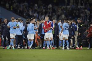 Manchester, Champions League 2022-2023, Manchester City FC-Real Madrid CF, giocata all’Etihad Stadium. Nella foto: Festa del Manchester City per la qualificazione alla finale di Champions
