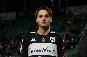 Palermo, Italy, 18 January 2026. Renzo Barbera Stadium, Palermo vs Spezia, match valid for the 2025/2026 Serie B championship. In the photo: Delusio and Edoardo Soleri (Spezia)