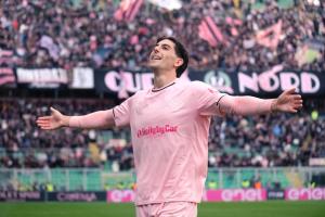 Palermo, Italy, 21 February 2026. Renzo Barbera Stadium, Palermo FC vs FC Sudtirol, match valid for the 2025/2026 Serie B championship. In the photo: Filippo Ranocchia (Palermo FC) celebrates but the goal is subsequently disallowed