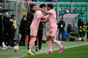 Palermo, Italy, 14 February 2026. Renzo Barbera Stadium, Palermo vs Virtus Entella, match valid for the 2025/2026 Serie B championship. In the photo: Pietro Ceccaroni (Palermo FC) and Davide Veroli (Palermo FC)