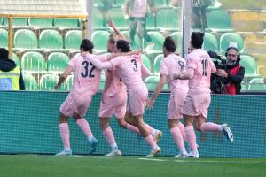 Palermo, Italy, 21 February 2026. Renzo Barbera Stadium, Palermo FC vs FC Sudtirol, match valid for the 2025/2026 Serie B championship. In the photo: Joel Pohjanpalo (Palermo FC) celebrates after a goal