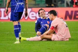 Palermo, Italy, 27 December 2025. Renzo Barbera Stadium, Palermo vs Padova, match valid for the 2025/2026 Serie B championship. In the photo: Jacopo Segre (Palermo FC) and Kevin Varas (Padua)