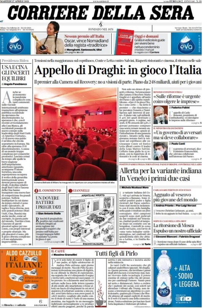 Rassegna Stampa: le prime pagine del 27 Aprile 