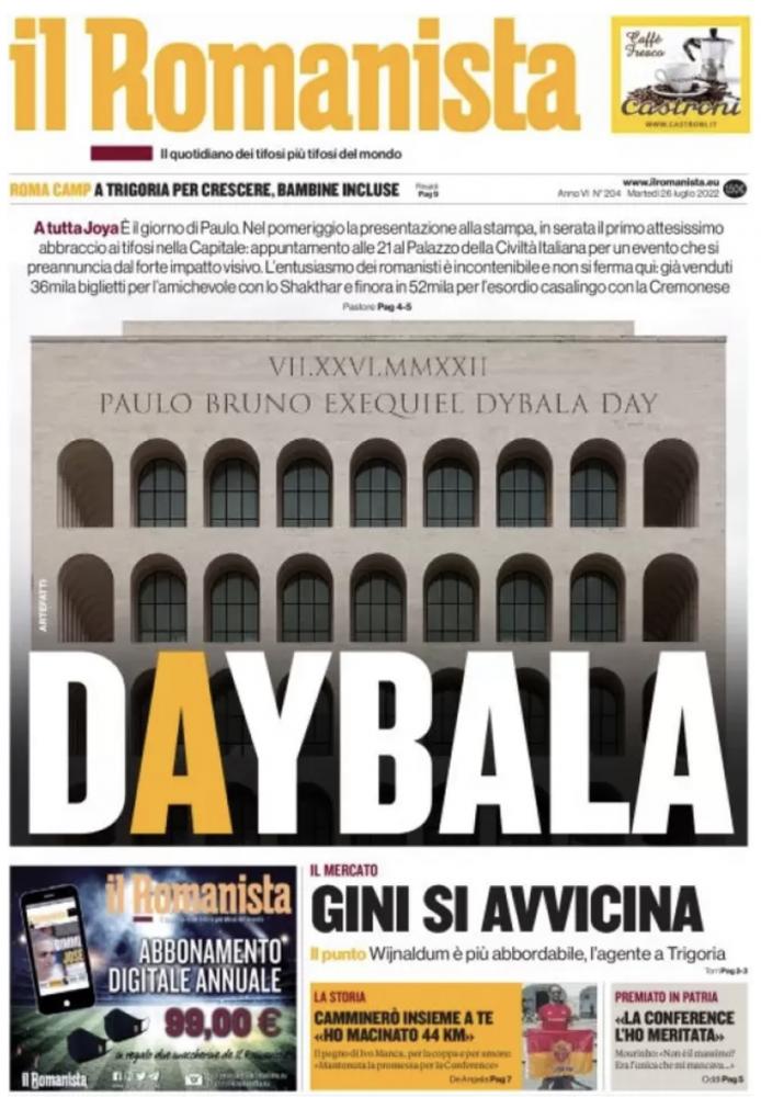 DayBala. Il Romanista: "È il giorno di Dybala: prima davanti alla stampa  poi l'abbraccio dei tifosi" - TUTTOmercatoWEB.com